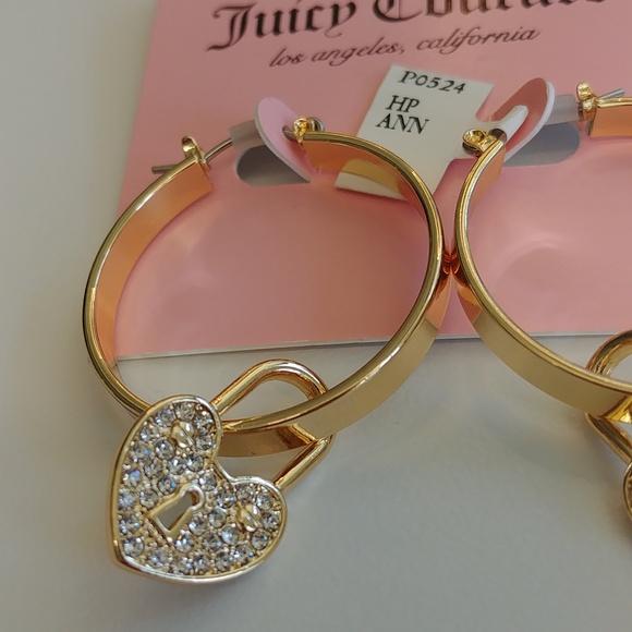 NWT Juicy Couture Hoop Heart Locket Charm Faux Diamond Gold Tone Earrings - Picture 2 of 4